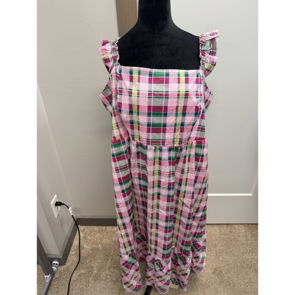 torrid Dresses & Skirts - Torrid Women's Size 3X Pink Green Plaid Midi‎ Poplin Tiered Ruffle Strap Dress
